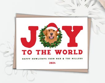 Personalized Golden Retriever Portrait Christmas Card, Joy to the World Holiday Card, Custom Dog Drawing Greeting Cards for Pet Parents