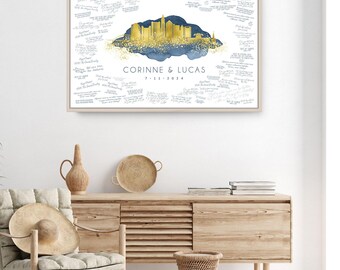 Columbus Wedding Guest Book: Skyline Art Canvas (Cobalt Blue & Faux Gold)