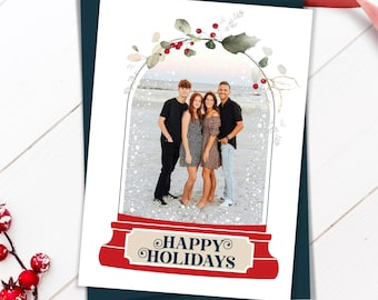 Custom Holiday Cards, Personalized Cards, Snow Globe Card, Christmas Photo Card, Family Holiday Greetings, Printed or Digital 5x7