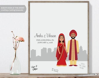 Indian Couple Sign Wedding Guest Book, Bridal Shower Gift, Custom Portrait Art, Philadelphia Skyline Keepsake, Hand Drawn Illustration