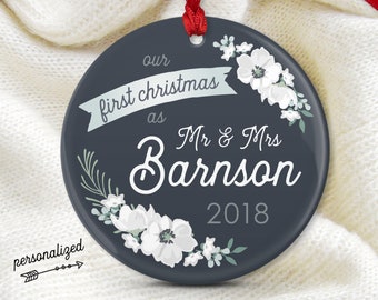 Wedding Ornament, First Christmas as Mr and Mrs, Personalized Christmas Ornament, Wedding Gift for Couple, Charcoal Gray and White Flowers