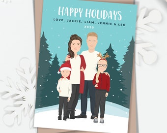 Family Portrait Holiday Cards with Envelopes, Personalized Portrait Christmas Card with Custom Illustration of Parents and Children