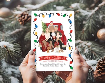 Printable, Holiday Card Set, Family Portrait, Custom Illustrated Christmas Greeting, Personalized Red Truck Design, Pet Dogs Included