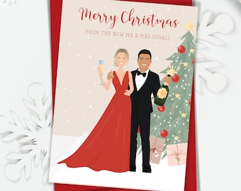 Couple holiday cards with personalized cartoon portrait, Custom Christmas cards for newlyweds