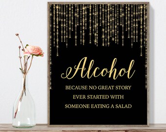 Alcohol Sign DIY / Funny Bar Sign / Gold Wedding Sign / Great Gatsby, Bokeh Light / Black and Gold Calligraphy ▷Instant Download JPEG