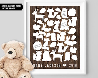 Woodland Animals Guest Book: Rustic Canvas, Personalized Baby Shower