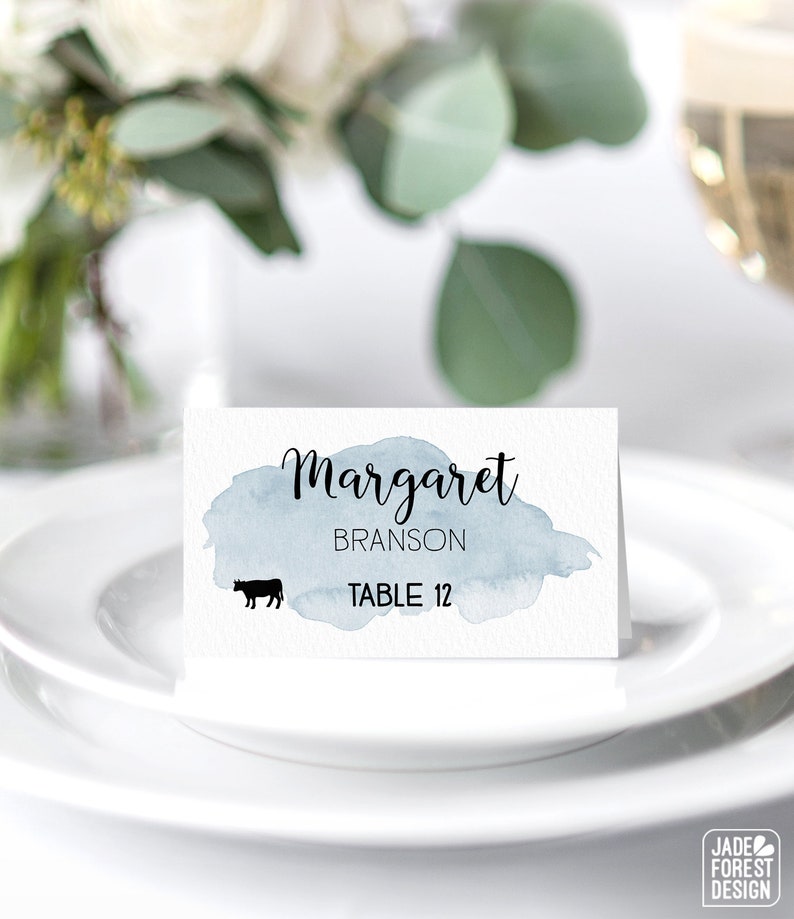 Blue Watercolor Custom Wedding Coasters for Reception Seating Dusty Blue Place Cards Calligraphy Escort Cards Extra Thick Drink Coaster