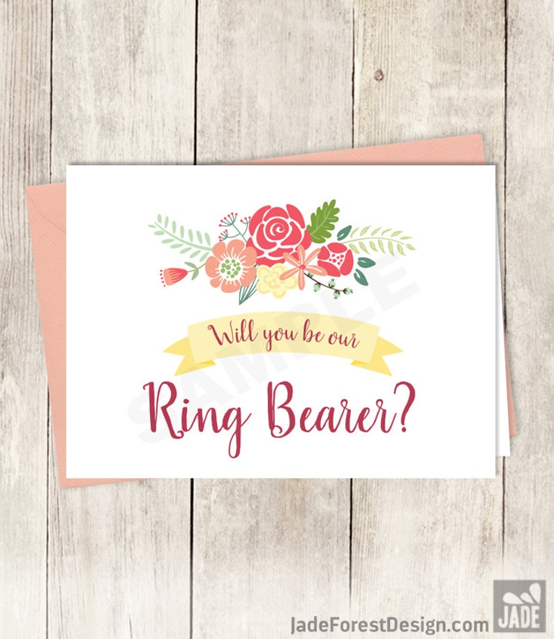 Red Will you be Our Ring Bearer Card DIY Printable Wedding Rustic Flower Charm Bright Pink Yellow Wildflowers \u25b7 Instant Download