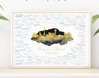 Las Vegas Skyline Guestbook - Faux Metallic Gold Canvas with Watercolor
