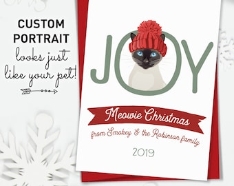 Siamese Cat Christmas Card, Funny Christmas Cards with Cute Cat Portrait, Custom Pet Portrait Xmas Card for Cat Lover