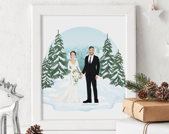 Winter Wedding Portrait with Custom Background, Personalized Cartoon Illustration from Photo with Your Own Location, First Anniversary Gift