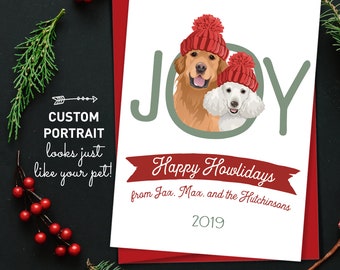 Dog Holiday Card > Custom Pet Portrait Christmas Cards, Two Dogs,  Xmas Card, Cute Dog Holiday Card for Dog Parents