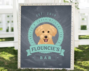 Pet Bar Print > Custom Dog Portrait with Personalized Logo for Wedding Bar, Mint and Gray Rustic Chalkboard Canvas