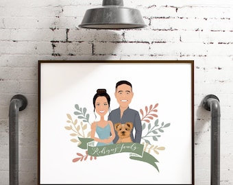 Family Portrait Drawing: Personalized Cartoon Art (With Yorkie Dog)