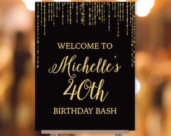 Great Gatsby Birthday Welcome Sign / Bokeh String Light Sparkle / Black and Gold ▷ Printable File {or} Printed & Shipped