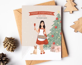 Charming Baker Christmas Cards, Personalized Drawing of a Woman Holding Cookies, Holiday Card with Pet Portrait, Business Holiday Card