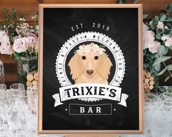 Pet Bar Sign > Custom Dachshund Dog Portrait with Logo Badge for Wedding Bar, Rustic Chalkboard Print