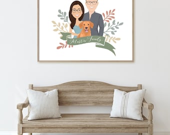 Custom Family Portrait: Cartoon Style with Pets on Canvas or Paper