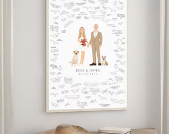 Custom Wedding Guestbook Portrait: Newlyweds with Dogs Illustration