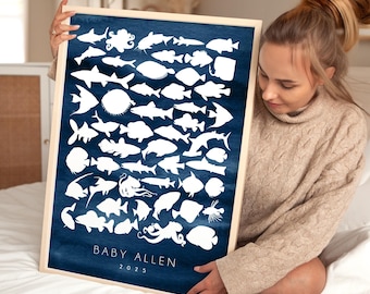 SEA LIFE Guest Book Alternative, Canvas for Guests to Sign at a Baby Shower, Gift for Pregnant Friend, Fish, Squid and Shark Shapes, Navy