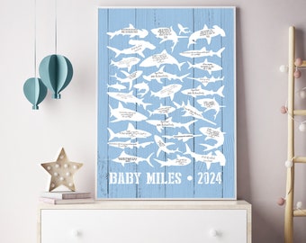 Guest Book Alternative for Boy Baby Shower, Baby Blue Guestbook with Shark Shapes and Wood Planks, Custom Gift for Baby Shower or Baptism