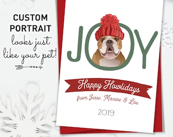 Bulldog Holiday Card > Custom Pet Portrait Christmas Cards, Two Dogs,  Xmas Card, Cute Dog Holiday Card for Dog Parents