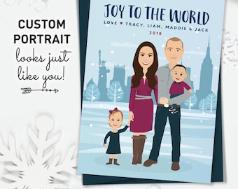 Custom Holiday Family Card - Illustrated Portrait with New York City View