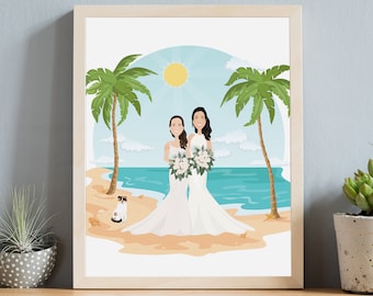 Couple Portrait with Custom Background, Personalized Cartoon Illustration from Photo with Your Own Location, Destination Wedding Portraits