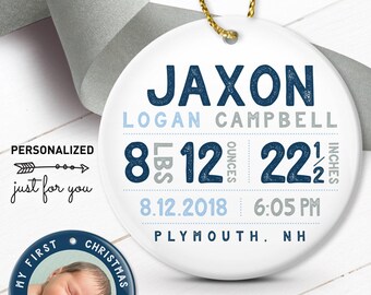 Personalized Baby Ornament: First Christmas, Birth Stats in Navy Gray