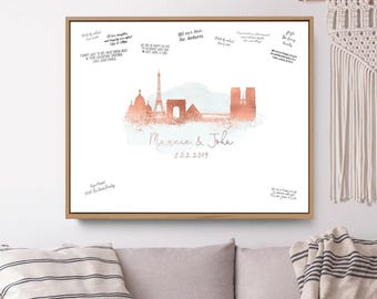 Custom Paris Skyline Guestbook - Gray Watercolor, Rose Gold Detail