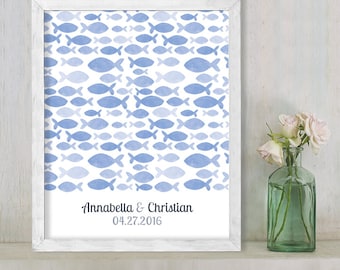 Wedding Guest Book Alternative Poster / Blue Fish Nautical Watercolor Guestbook Wedding Sign ▷ Printable File {or} Printed & Shipped