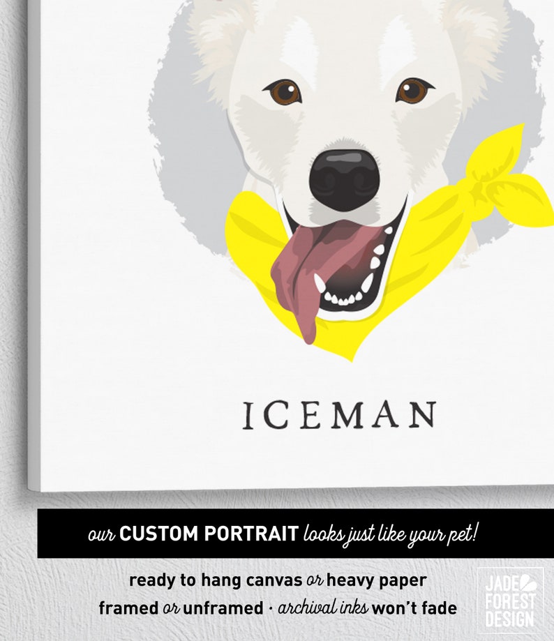 Cartoon Pet Portrait custom white dog portrait canvas, personalized pet home decor, large framed pet drawing from photo image 2