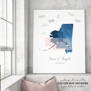 Wedding Guest Book Alternative Canvas, Watercolor Map Guest Book for Destination Wedding, Sapphire Navy and Blush Wedding Sign In {moa}