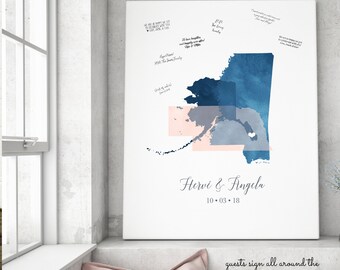 Wedding Guest Book Alternative Canvas, Watercolor Map Guest Book for Destination Wedding, Sapphire Navy and Blush Wedding Sign In {moa}