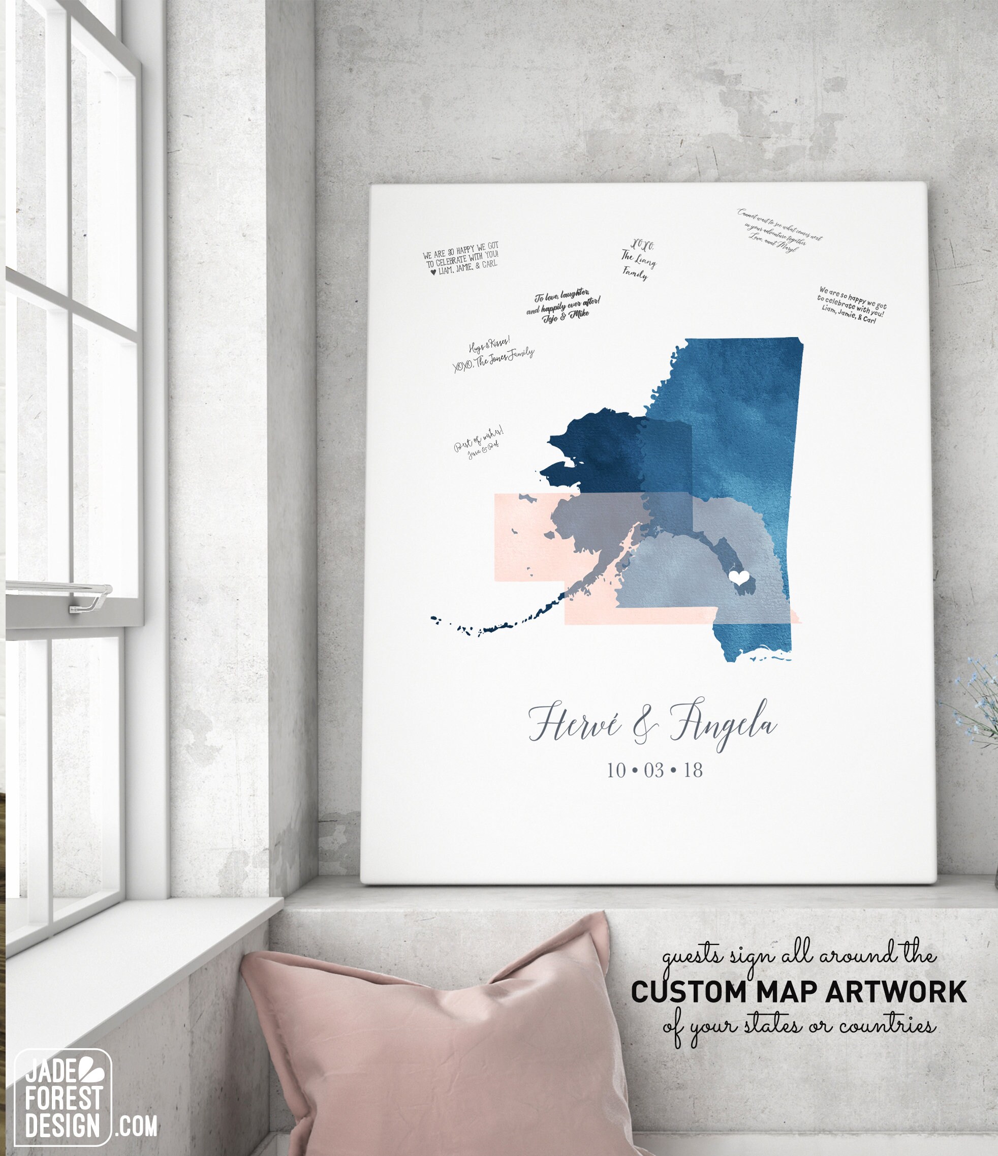 Wedding Guest Book Alternative Canvas Watercolor Map Guest