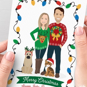 Funny Christmas Card with Ugly Sweater Cartoon Portrait, Funny Holiday Cards, Custom Portrait with Pets