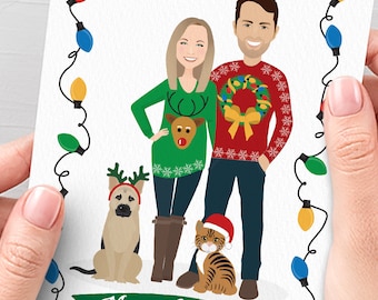 Funny Christmas Card with Ugly Sweater Cartoon Portrait, Funny Holiday Cards, Custom Portrait with Pets