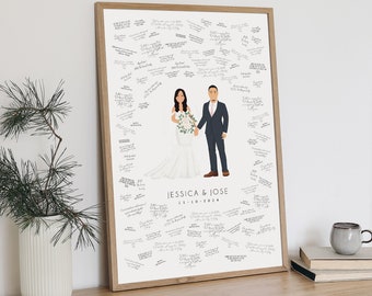 custom wedding guest book alternative art, bride and groom holding hands, wedding portrait canvas print, personalized wedding caricature