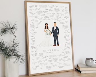 custom wedding guest book alternative art, bride and groom holding hands, wedding portrait canvas print, personalized wedding caricature