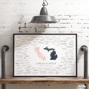 Wedding Guestbook Alternative, Custom Love Map Guest Book, Blush and Dark Gray, Unique Keepsake Art Piece, Michigan and California Wedding