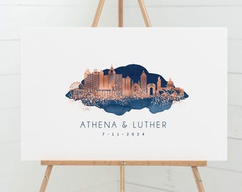 Atlanta Skyline Guestbook - Custom Wedding Keepsake in Navy and Rose Gold