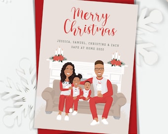 Family portrait Christmas cards > Personalized cartoon from photo, Cozy Illustration of fireplace with Christmas decor, Unique holiday cards