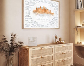 Austin Skyline Guestbook: Rustic Canvas Wedding Sign with Maple Frame