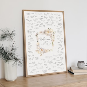 Custom Birthday Party Guest Book Alternative, 60th Birthday Party Sign, White Peonies Square Guestbook, Birthday Gift for Her, Gift for Mom