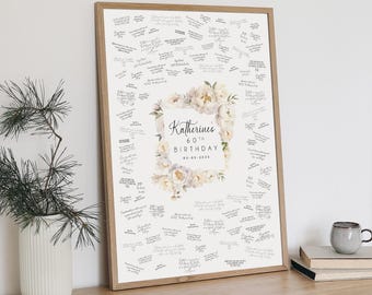 Custom Birthday Party Guest Book Alternative, 60th Birthday Party Sign, White Peonies Square Guestbook, Birthday Gift for Her, Gift for Mom