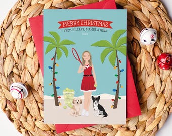 Holiday Portrait, Custom Portrait, Dog Cards, Tropical Holiday Cards with Palm Trees, Custom Single Girl Christmas Card, Printable Set