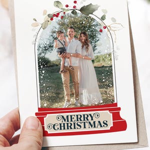 Tarjeta navideña con foto personalizada, tu propia foto en una bola de nieve, tarjeta navideña familiar personalizada, tarjetas impresas recicladas con sobres.