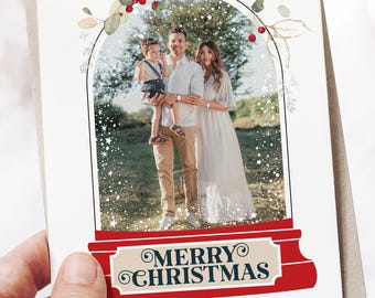 Custom Photo Christmas Card, Your Own Photo in Snow Globe, Personalized Family Holiday Card, Recycled Printed Shipped Cards with Envelopes
