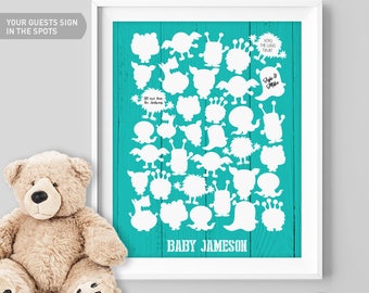 Monster Birthday Guest Book Alternative / Teal Monster Guest Book, Cuddly Monsters / Monster Poster Wall Decor ▷Canvas, Paper {or} Printable