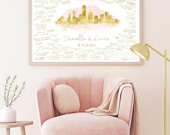 Wedding Guest Book: Dallas Skyline Art - Blush Watercolor, Custom Names